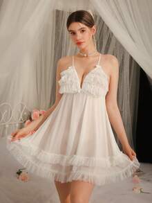 Women's Sexy Sheer Polka Dot Mesh Multi-Layer Ruffle Trim Spaghetti Strap Mini Nightgown - Pink - View 2