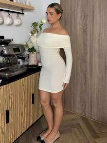 Bethéva Women's Fall/Winter Streetwear Y2K Daily Wear Casual Rib Knit Stretchy Bustier Off The Shoulder Mini Dress For Elegant,Dresses For Women Elegant - White - View 6