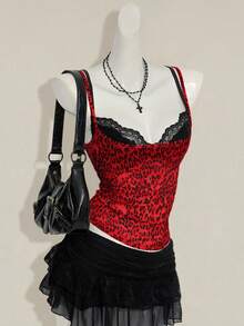 SHEIN ICON 女士红色豹纹透视吊带背心，黑色蕾丝细肩带露脐上衣叠穿造型 - 紅色 - 查看 6