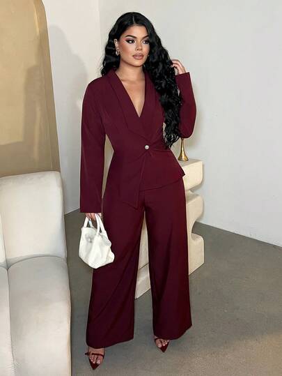 Dayanna Comas 女士优雅翻领 V 领长袖独特设计腰带纽扣高端西装外套和直筒阔腿裤两件套西装，适合秋季上班通勤