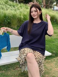 Dazy Plus 撞色条纹圆领宽松短袖粉色T恤，春夏宽松款 - 藏蓝色 - 查看 6