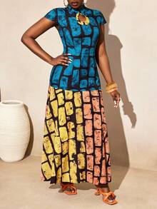 BamGleam New Popular Printed Water Droplet Small Stand Up Collar Dress - Blue - View 4