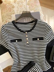 GlowEve Classic Best-Selling Black & White Striped Round Neck Contrast Trim Short Sleeve Casual T-Shirt And Black Drawstring Waist Shorts 2-Piece Set - Black and White - View 7