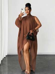 Gaun Maweii Plus Size Wanita Warna Polos Depan Pendek Belakang Panjang/ Sempurna Untuk Kencan, Jalan-jalan, Dan Lainnya, Manis dan Seksi untuk Musim Gugur - Coklat - View 1