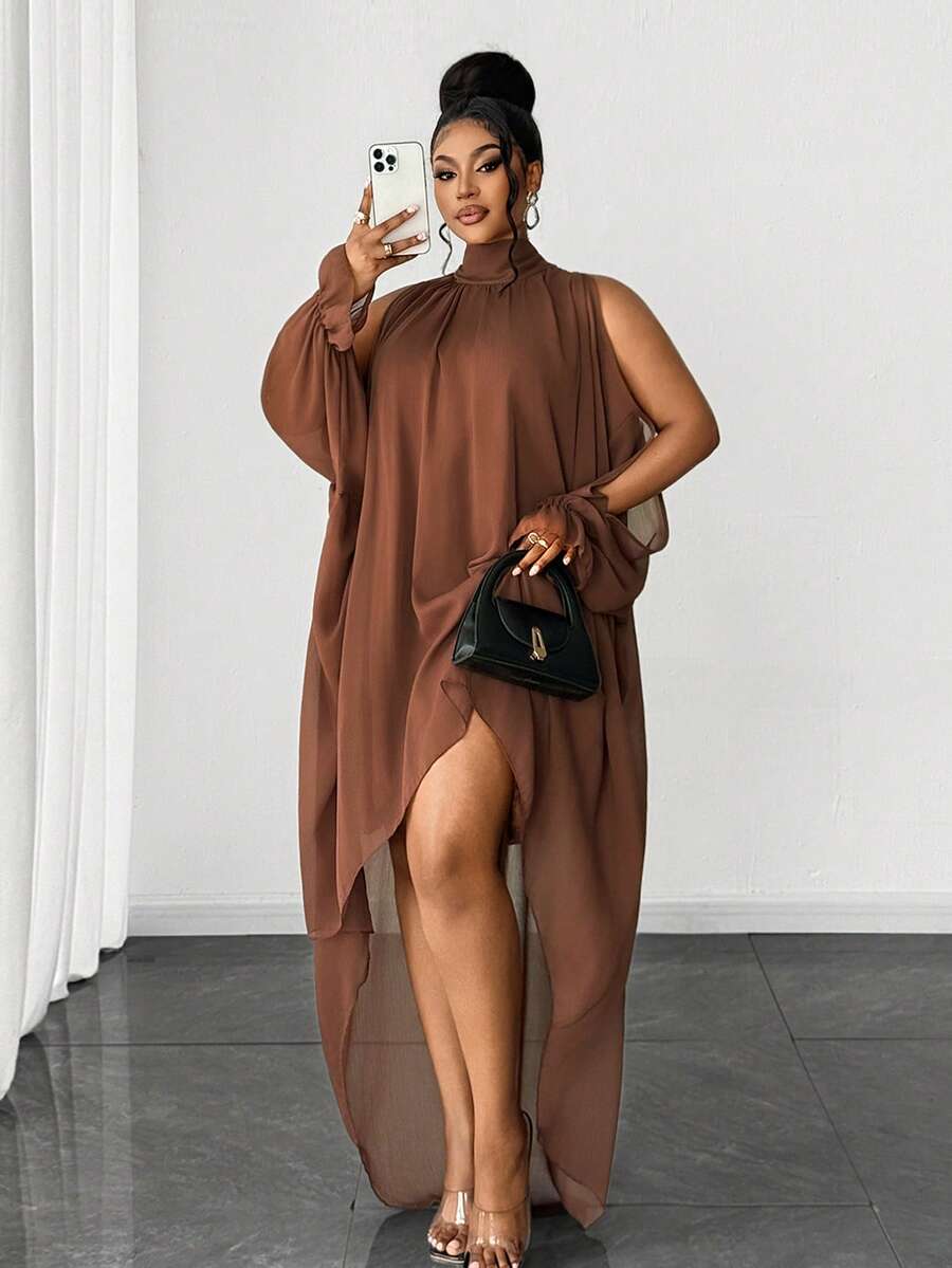 Gaun Maweii Plus Size Wanita Warna Polos Depan Pendek Belakang Panjang/ Sempurna Untuk Kencan, Jalan-jalan, Dan Lainnya, Manis dan Seksi untuk Musim Gugur - Coklat - View 1