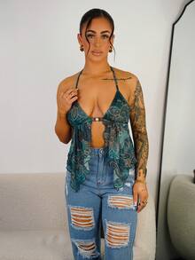 SAYEHFBABY 全身印花露背不对称下摆性感吊带背心 - 白色 - 查看 1