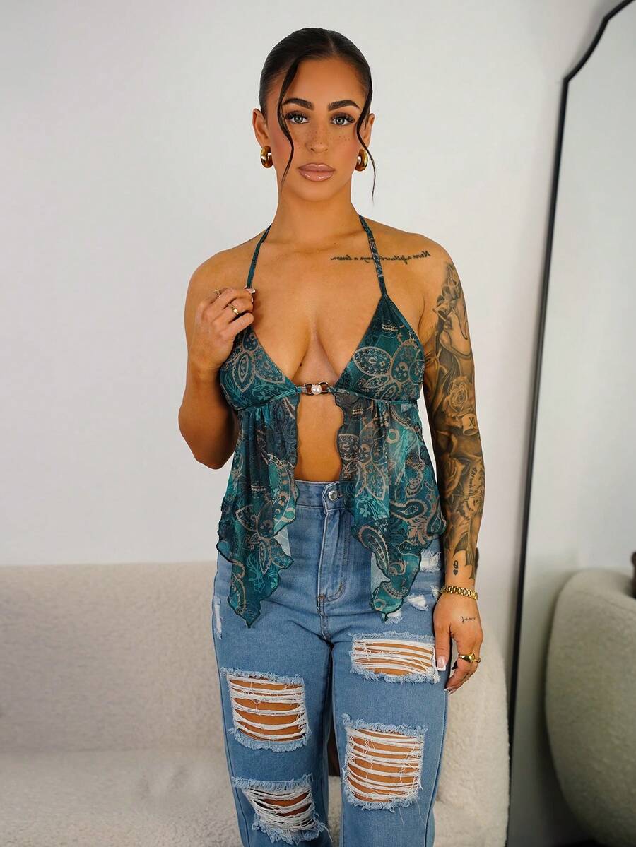 SAYEHFBABY 全身印花露背不对称下摆性感吊带背心 - 白色 - 查看 1