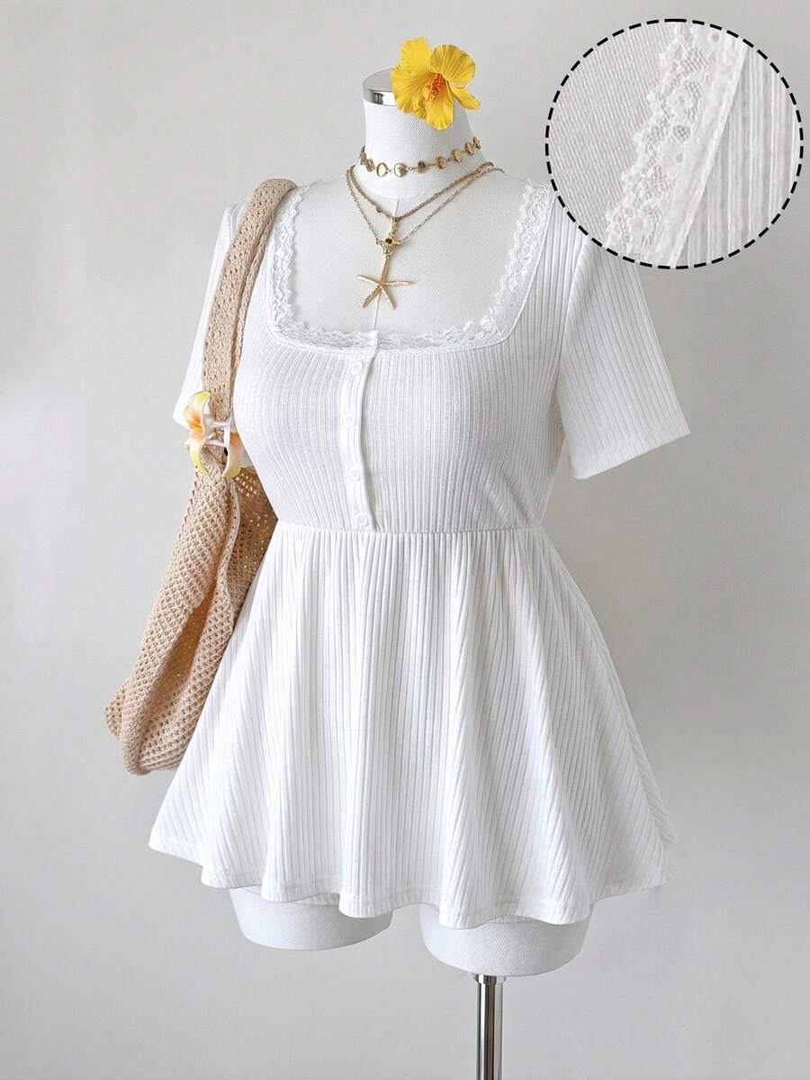 Sunspun 加大码方领拼接荷叶边纽扣腰A字短袖针织优雅复古休闲可爱度假女式T恤 - 白色 - 查看 1