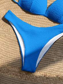 SHEIN Swim 女士夏季沙滩纯色吊带系带性感比基尼泳衣套装 - 藍色 - 查看 3