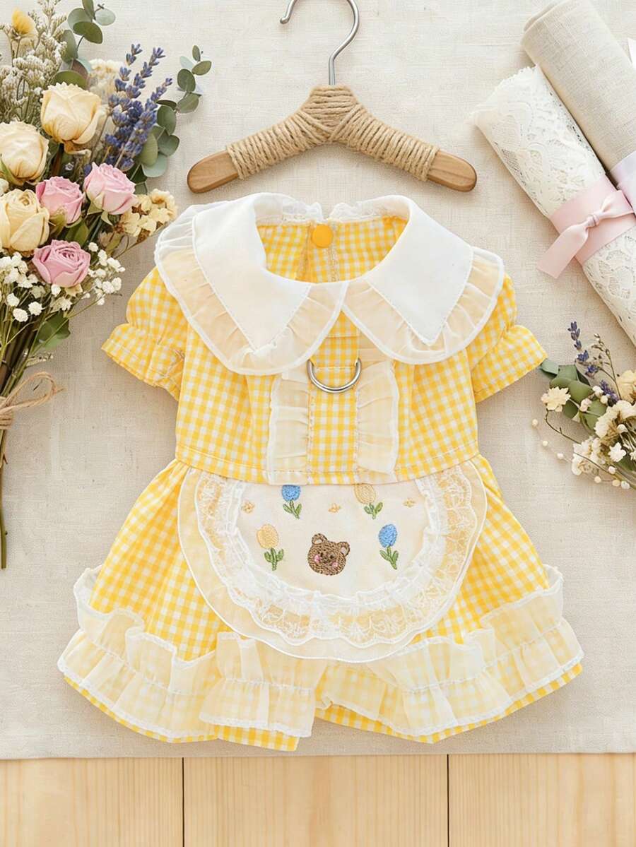 PETSIN 1 chiếc váy gấu bông kẻ caro vàng kiểu đồng quê cho thú cưng, có ren xếp ly, kiểu hầu gái với vòng chữ D để cố định, thích hợp cho mèo và chó. - Màu vàng - Xem 1