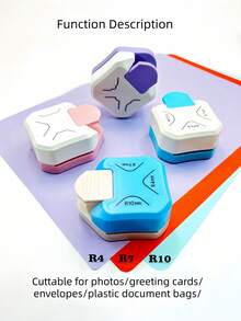 Madebyblanc 1 pieza Juego de herramientas decorativas multifuncionales 3 en 1 que incluye R4 Redondeador de esquinas, R7 Herramienta de biselado, Cortador de bordes y esquinas multiángulo, Sello de estampado de patrones, Útiles prácticos de oficina y escuela, Suministros esenciales de manualidades para estudiantes y proyectos de arte en el hogar - Multicolor - Ver 2