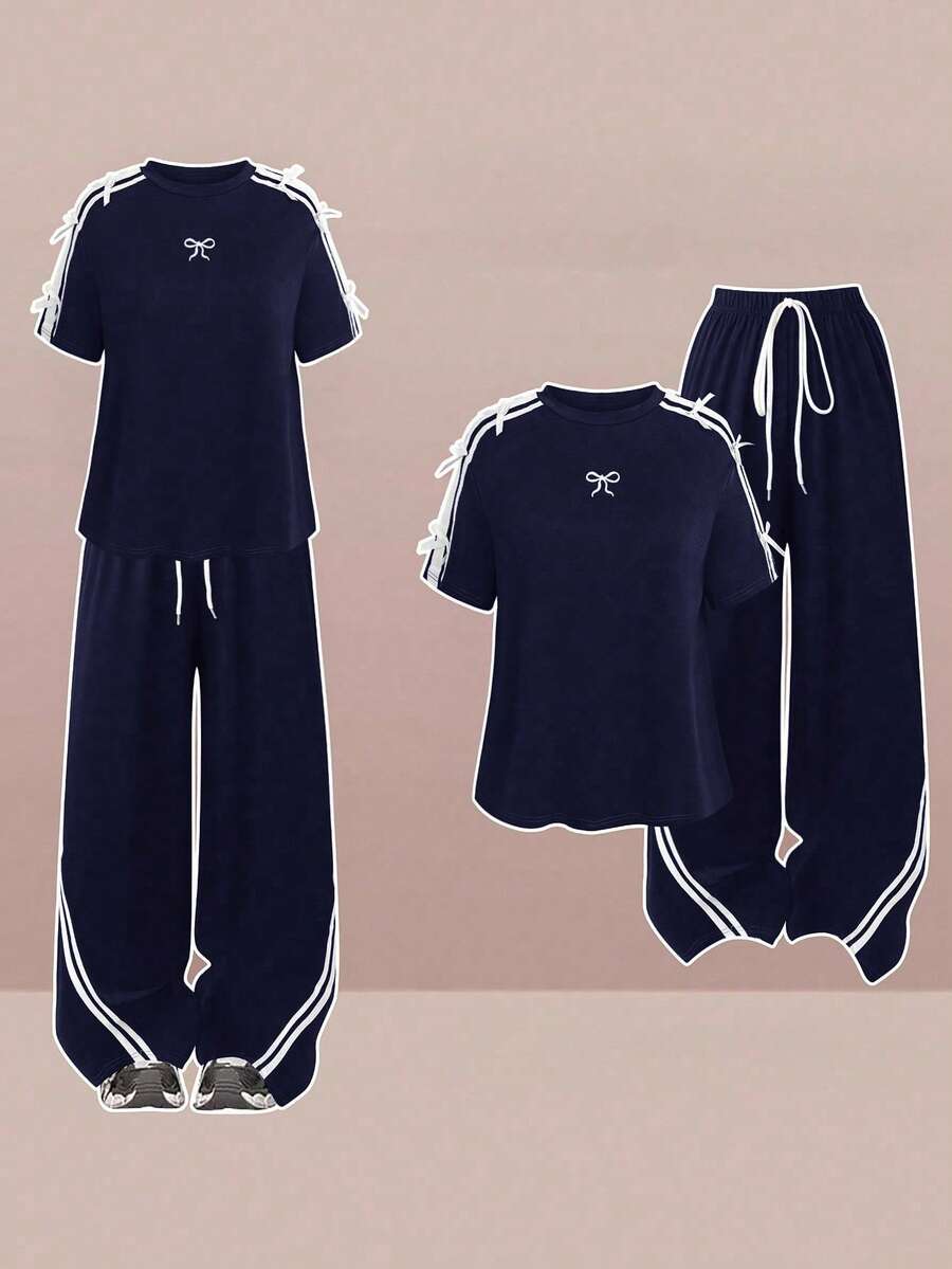 Sweetra POPSWAY 大码女装两件套，休闲运动拼接条纹蝴蝶结装饰可爱学院风刺绣蝴蝶结短袖上衣T恤和松紧腰长裤套装，适合日常外出和返校季穿着。 - 藏蓝色 - 查看 1
