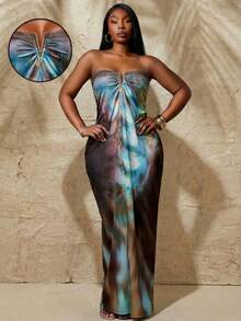 SHEIN SXY Plus Size Dark Blue Abstract Feather Print Strapless Ruched Maxi Dress,V-Shaped Metal Embellishment,Summer Holiday Vacation Night Out Club Bohemian - Multicolor - View 1