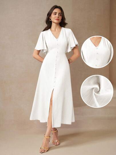 Amorya Vestido largo de fiesta elegante de mujer con diseño de cintura ceñida y escote en V con abertura