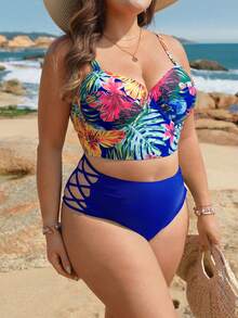 Swim Lushoire 2pcs Women Floral Print Bikini Set, Spaghetti Strap Playful Swimsuit - Blue - View 1