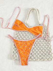 Swim Mod 春夏新款欧美甜美花卉拼接格纹流苏双面两件式泳衣套装，系带挂脖比基尼上衣和高腰泳裤，白色背景碎花图案，性感比基尼泳装，适合海滩、泳池、生日派对等场合 - 橘色 - 查看 3
