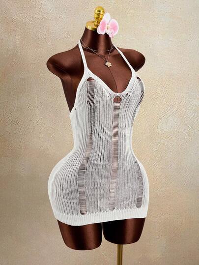 Zestiva Vestido de punto ajustado con diseño calado para mujer para la playa/la