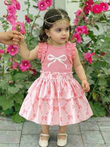 1 Set Baby Girl Sweet Girly-Style Bow-Print Ruffled Short-Sleeve Top & Tiered Skirt Outfit Lightweight Breathable Adorable 2-Piece Ensemble For Daily Playdates & Casual Outings Spring & Summer Fashion Set - Dusty Pink - View 1
