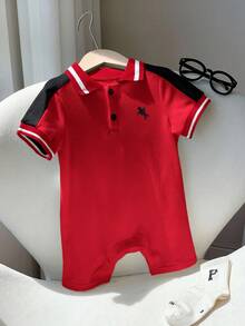 SHEIN Neugeborenes Baby Unisex bequemer, atmungsaktiver, kühler und feuchtigkeitsableitender weißer gestrickter Kurzarm-Romper, geeignet für Innen, Außen, Alltag, Sport, Spiel, Party, Fotoshooting, Urlaub, Festivals, Hochzeit, Babyparty und 1. Geburtstagsfeiern - Rot - View 5