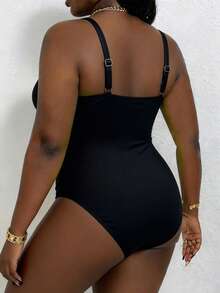 Swim Lushoire 2026 Nouveau maillot de bain une pièce de grande taille à bretelles larges de couleur unie, convient pour les vacances à la plage au printemps/été - Noir - Voir 2