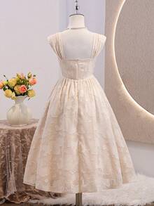 Abito midi casual in jacquard rosa per ragazze adolescenti, eleganti abiti da damigella d'onore bianchi per feste estive per ragazze, abiti eleganti beige per uso all'aperto - Albicocca - Visualizzare 2