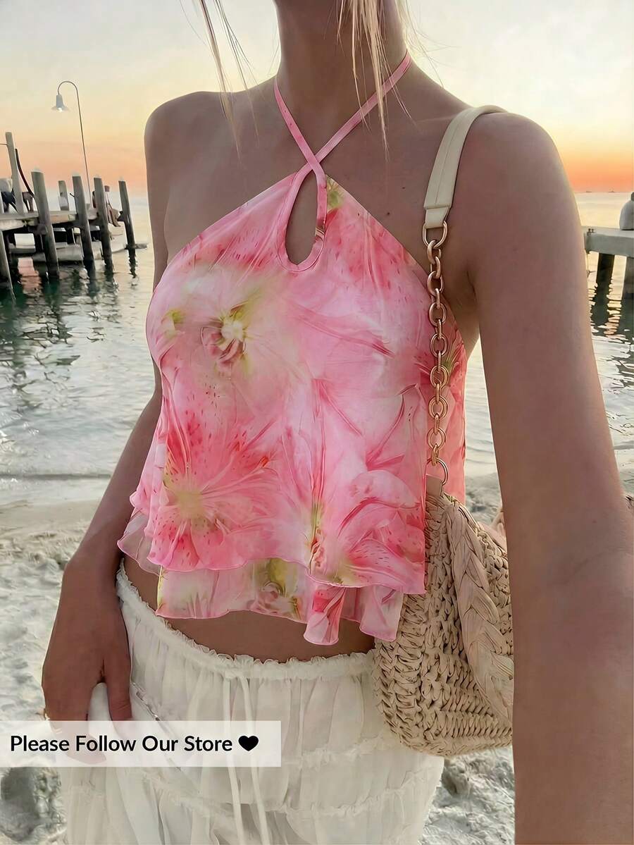 Aloruh 春夏新款优雅浪漫度假情人节婚礼季女士印花镂空双层荷叶边雪纺衬衫，度假衬衫，优雅约会婚礼宾客装扮