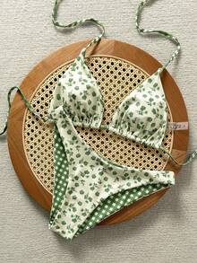 Swim Mod Bộ bikini hai mảnh mùa hè mới về dành cho nữ, họa tiết hoa và kẻ caro, kiểu dáng tam giác buộc dây cổ, thích hợp cho kỳ nghỉ biển. - Nhiều màu - Xem 7