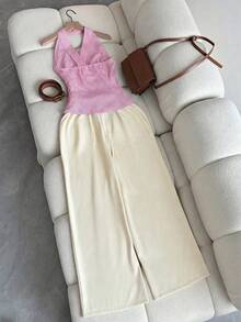 INAWLY Elegant Striped Decorative Clasp Necklace Top And Pants Two Pieces Set - Multicolor - View 2