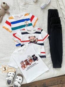 SHEIN 男宝宝夏季多色条纹圆领短袖T恤和修身长裤六件套。可爱萌趣，舒适百搭。套装包含多种小熊印花款、条纹小熊款和肩带小熊款，每款都隐藏着不同的可爱趣味细节。针织面料，宽松版型，满足多种穿搭需求，适合居家休闲、上学通勤、度假旅行、社区公园游玩等各种场合，尽显可爱风采。 - 彩色 - 查看 3