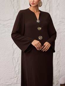 Al Najma Plus Size Women Metal Sun Decor V-Neck Loose Arabic Style Dress - Coffee Brown - View 6