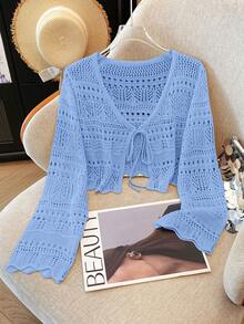Franclia Áo khoác cardigan mỏng nhẹ, màu trơn, chất liệu ren móc rỗng, kiểu dáng đa năng dành cho nữ. - Màu xanh nhạt - Xem 7