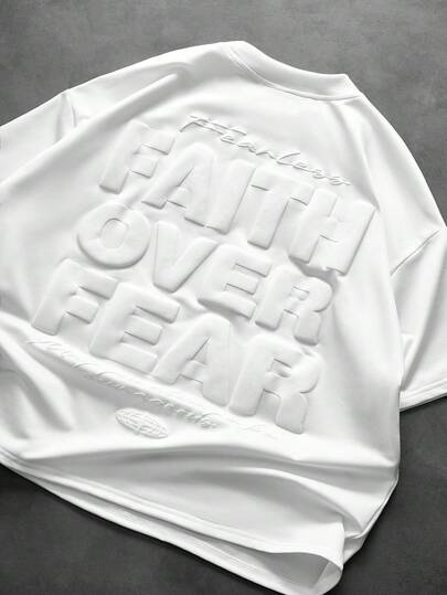 PAVTROS Men's Street-Style Trending English Slogan 3D Foil Print Letter Casual T-Shirt, Suitable For Outdoor Music Festival, Daily Wear, Hangout With Friends, Boyfriend/Husband Gift, Anniversary Gift, White White Graphic Tee Faith Over Fear Shirt Fearless Faith Shirt Men Slogan Graphic Drop Shoulder Tee Men's Faith Shirt