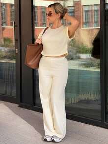 Bethéva 女式蝙蝠袖圆领上衣和裤子家居服套装 - 杏色 - 查看 5