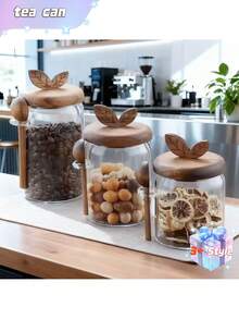 1 Piece Glass Tea Caddy, Airtight Container With Spoon, Moisture-Proof And Dustproof Container, Glass Coffee Bean Storage Jar, Black Tea And Flower Tea Storage Jar, Grain Storage Bottle - Transparent - View 3