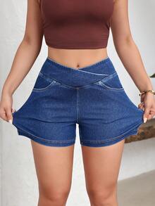 Flexra Women's Casual Washed Slim Fit Denim Shorts - Blue - View 8