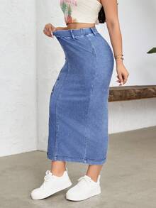 Flexra Front Button Fitted Denim Skirt - Blue - View 5
