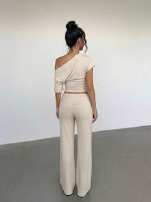 Aloruh Women's Basic Casual Ruched Shoulder T-Shirt + Low Waist Long Pants 2 Pieces Set, Spring/Summer - Light Grey - View 2