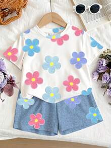 2 Stücke/Set Mädchen Farbiges Blume Muster Kurzarm T-Shirt + Blume Muster Shorts für 4-7 Jahre, leicht atmungsaktiv Lässig Outfit, geeignet für Frühling/Sommer Alltagstragen - Verschiedenfarbig - Übersicht 4