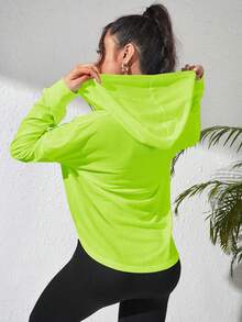 Sovereign Charm Women's Casual Commuter Solid Neon Green Drop Shoulder Loose Zip-Up Drawstring Hooded Sports Jacket - Green - View 7