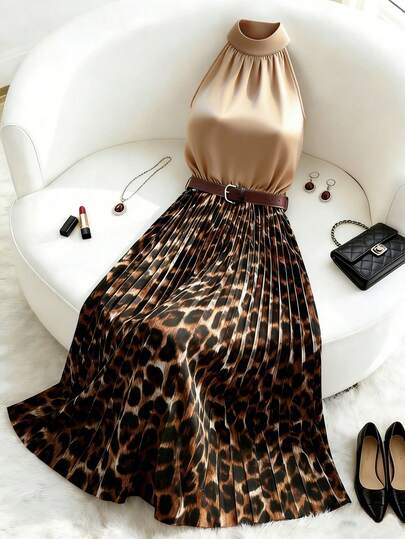 Franclia 2026 Spring/Summer New Collection Women's Halter Neck Elegant Sleeveless Dress With Exquisite Belt, Slim Fit, Light Color With Light Brown Leopard Print, Pleated Long Dress, Halter Dress, Sleeveless Dress, Color Block Dress, Leopard Print Dress, Pleated Dress, Carnival Dress, Elegant Party Dress, Women's Beach Dress, Vacation Dress, Leopard Dress, Khaki Dress Animal Print Dress Earth Tone Dress Halter Neck Dress Elegant Dress Fashion Dress