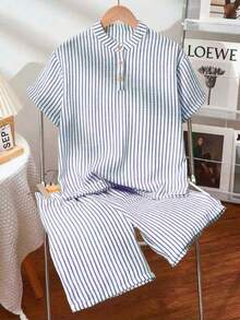 Bộ 2 áo sơ mi kẻ sọc cài khuy nửa thân cho bé trai, thích hợp mặc hàng ngày, đi nghỉ mát, đi học và các dịp khác. - Xanh và trắng - Xem 1