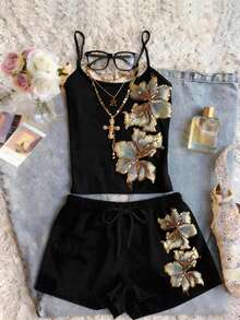 Glimmora 女士休闲印花抽绳短裤 - 黑色 - 查看 3