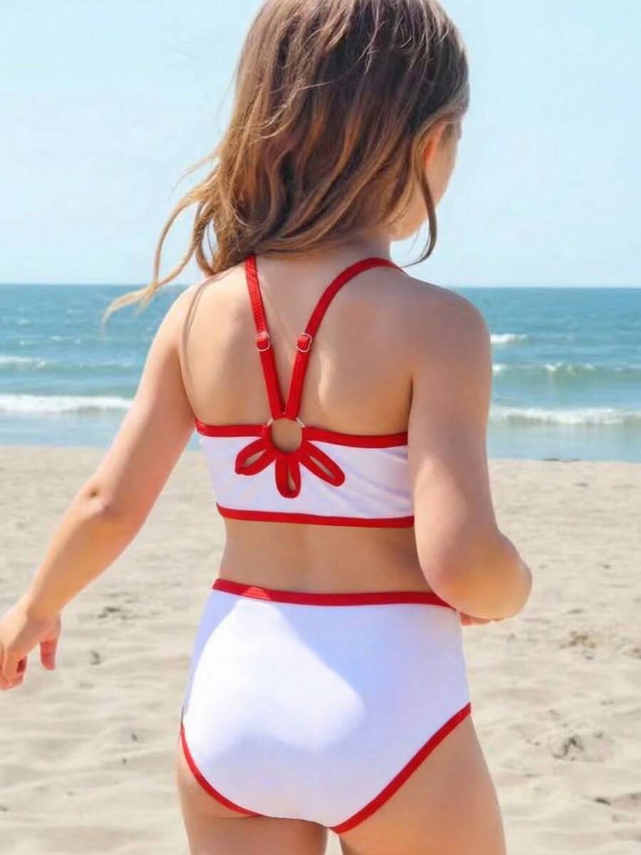 可爱樱桃印花露背少女吊带比基尼上衣 - 紅白色 - 查看 1