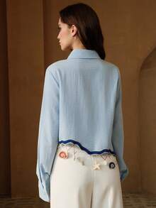 Anewsta Women's New Blue Heavy-Duty Sea Element Crocheted Shirt - Blue - View 3