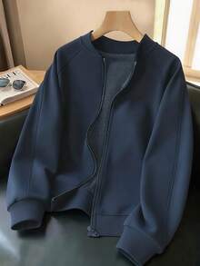 SHEIN Áo khoác nữ màu trơn nhẹ, thường ngày, thích hợp cho mùa xuân và mùa thu - Màu xanh hải quân - Xem 3