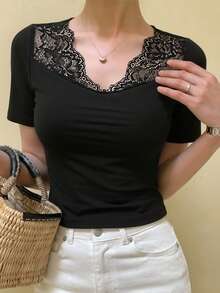 DAZY Women's Solid Color Mesh Patchwork Fitted Short Sleeve T-Shirt, Spring/Summer - Black - View 3