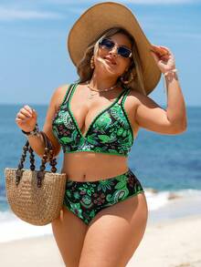 Swim Lushoire Conjunto de bikini con estampado tropical para mujer de talla grande - Verde - Ver 5