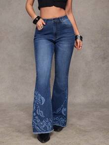 Jeanoix Y2K 女士休闲水洗喇叭牛仔裤 - 中等水洗藍 - 查看 4