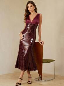 Aveloria Rosie Đầm không tay kiểu Pháp cổ điển sang trọng với họa tiết đính sequin, chất liệu satin giả da, cổ chữ V sâu, ôm eo, dáng đuôi cá, không tay dành cho nữ. - Màu Đỏ Sâu - Xem 5
