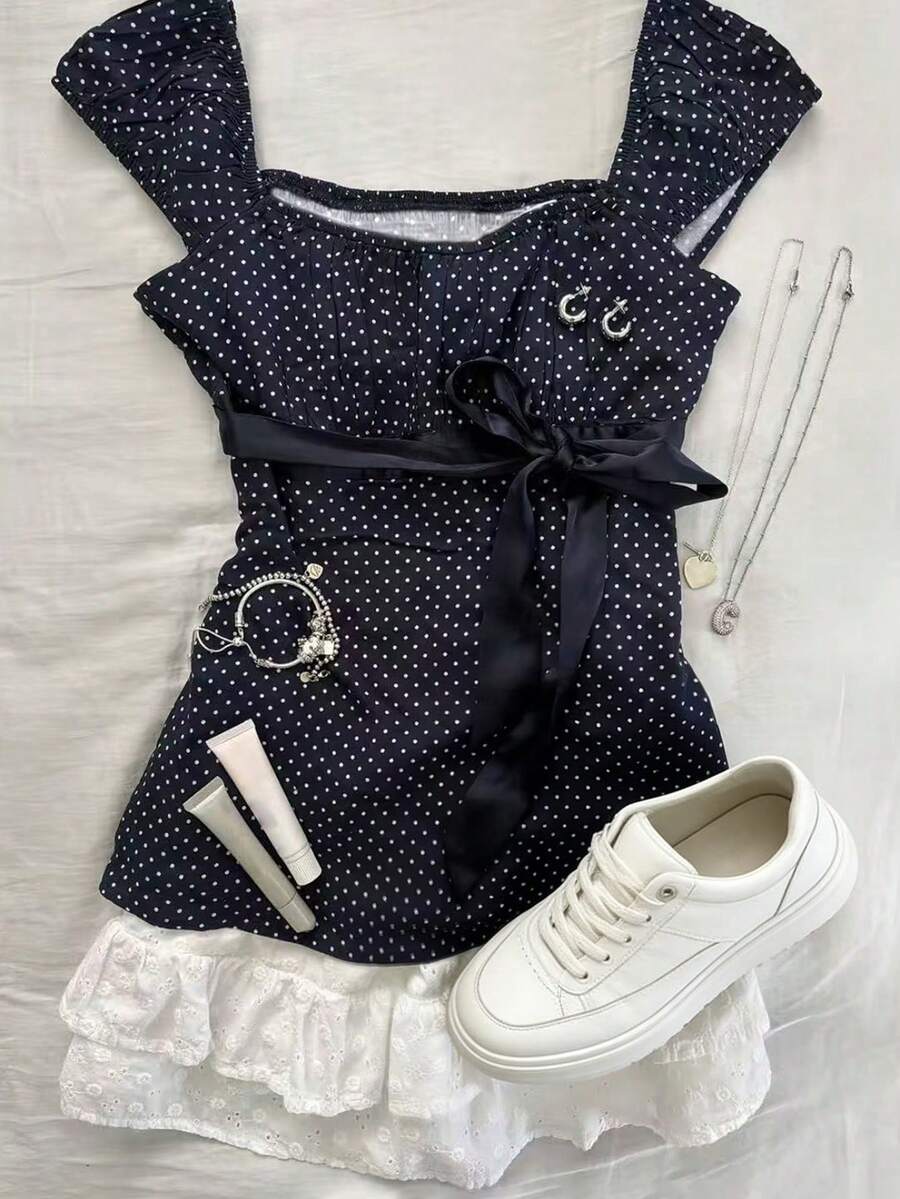 Glimmora 大码女式系带波点印花休闲衬衫 - 藏蓝色 - 查看 1